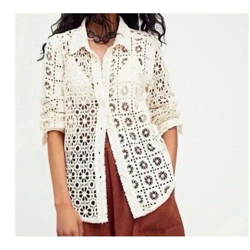Free People FP One Yesenia Blouse M Crochet Embroidered Button Down Ivory Boho